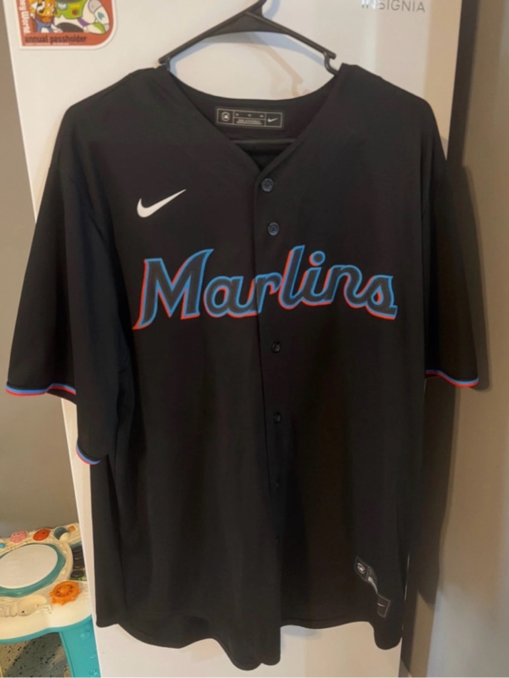 Nike Black Marlins Script Jersey with Blue and Red Trim